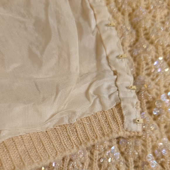 Jery Jo Elegant Vintage Hand Beaded Beige Wool Women's Cardigan 2 Pieces - Picture 8 of 16